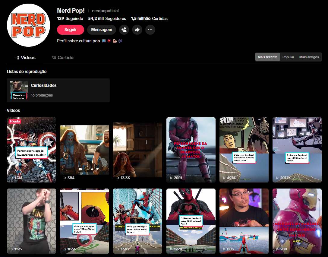 Captura de tela 2026-04-06 202005 CONTA TIKTOK | 54,2K SEG | 1,5 MILHÃO CURT | NERD & CULTURA POP 🎬 | VIDEOS COM +1M de VIEWS | PERFIL VIRAL E ESCALÁVEL 🚀 - Imagem 1