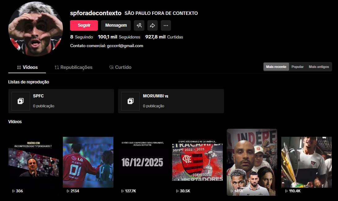 Captura de tela 2026-03-30 194940 CONTA TIKTOK MONETIZADA | 100,1K SEG | 927,8 MIL CURT | NICHO FUTEBOL & HUMOR ESPORTIVO | ALTO POTENCIAL VIRAL⚽ - Imagem 1