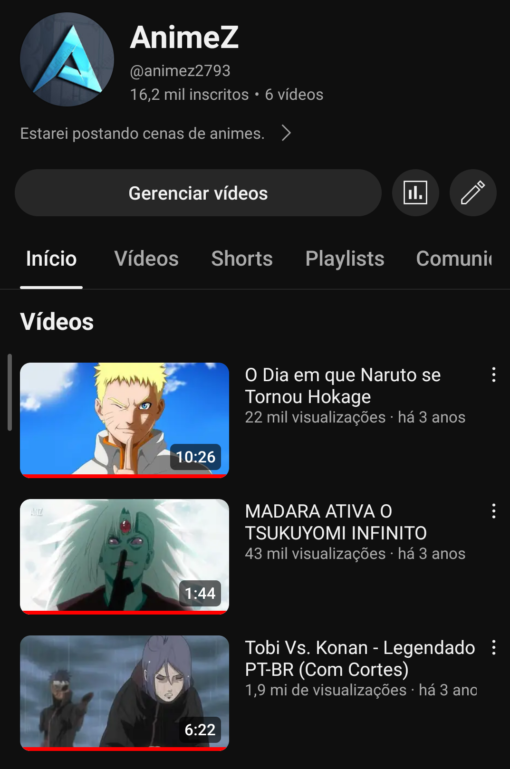 Canal de Animes 16K de Inscritos com apenas 3 Vídeos