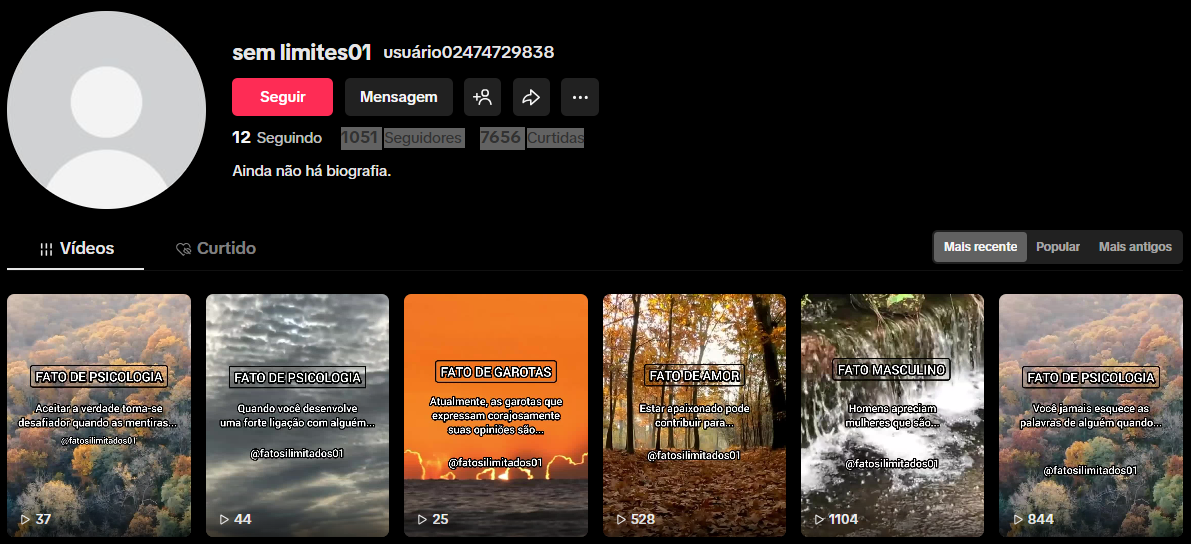 Captura de tela 2026-03-30 163128 CONTA TIKTOK | 1K+ SEG | 7K+ CURT | NICHO CURIOSIDADES / FATOS INTERESSANTES / ENTRETENIMENTO | OPORTUNIDADE 📢 - Imagem 1