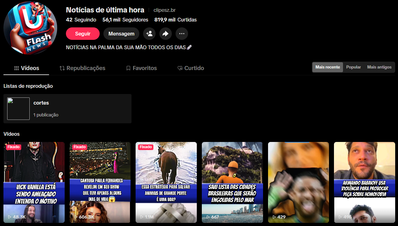 Captura de tela 2026-04-13 192321 CONTA TIKTOK | 56,1K SEG👥 | 819K+ CURT❤️| NICHO NOTÍCIAS📊| PERFIL ENGAJADO🚀 - Imagem 1