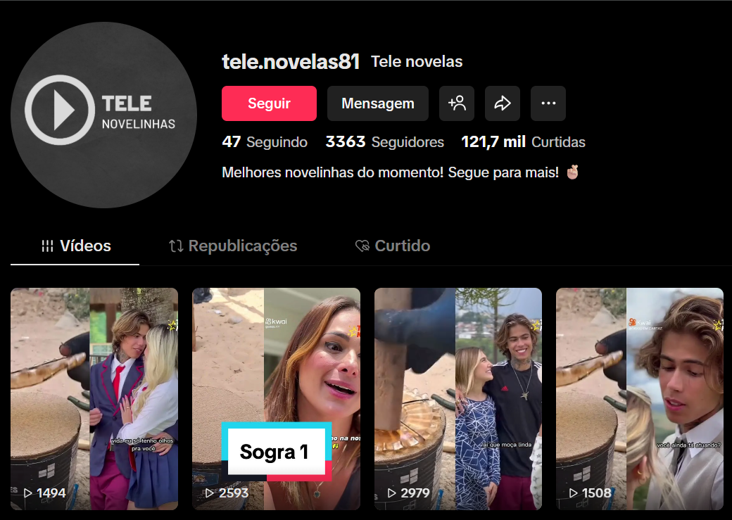 Captura de tela 2026-03-27 173159 CONTA TIKTOK | 3,3K+ SEG | 121 MIL+ CURT | NICHO NOVELAS | ALTO POTENCIAL VIRAL📺 - Imagem 1