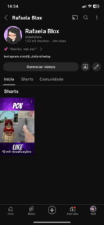 Canal de Shorts Roblox com 1230 Inscritos