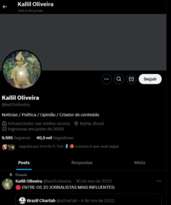 Conta influente no Twitter 9.595 Seguindo 40,5 mil Seguidores