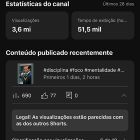 Canal YouTube 8560 seguidores e 3.6 milhões de views