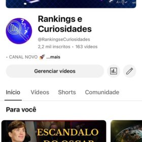 Canal de Curiosidades com 2.200 inscritos. Canal criado em 2024 com crescimento 100% orgânico. Excelentes números de visualizações, principalmente nos shorts