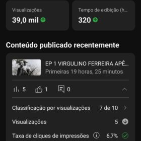 Canal no YouTube criado recentemente com 1.190 inscritos grande potencial de crescimento, ganhando em faixa de 10 a 100 inscritos por mês! Sítio Recanto do Galo