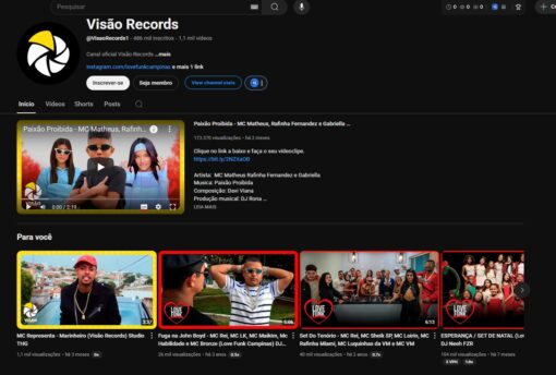 Canal Youtube Monetizado VisaoRecords1 • 486 mil inscritos • 1,1 mil vídeos 173Mi de views