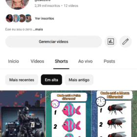 Canal no YouTube com 2.400 inscritos, pegando 5mil+ visualizações nos shorts