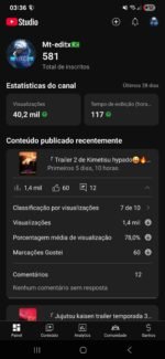 Canal do YouTube edits de animes e mangás com 582 inscritos