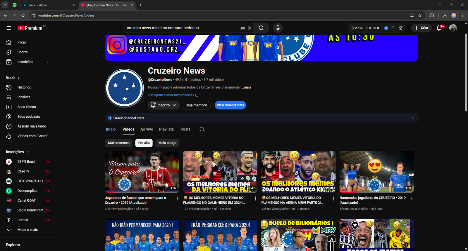 (447) Cruzeiro News - YouTube - Google Chrome 29_10_2025 19_27_21 canal 50k inscritos MONETIZADO - 20 MILHOES VIWES, 20 MIL DOLARES DE ADSENSE SEM RESTRIÇOES - Imagem 1