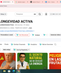 Vendo canal em Espanhol grande potencial LONGEVIDAD ACTIVA dicas de saùde para idosos 286 inscritos • 87 vídeos 57.425 visualizações. RPM e Alto pois jà tenho outros canais desse nicho!
