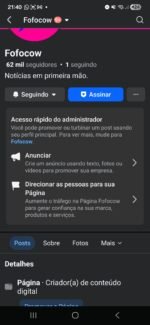 Página do Facebook com 62 mil seguidores monetizada