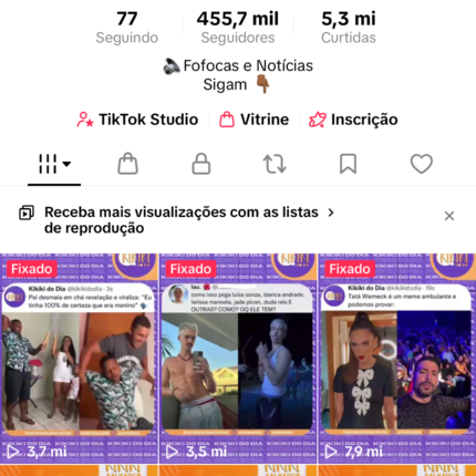 Conta no TikTok com 455,7 mil seguidores SHOP ATIVO Público feminino e mais de 5 milhões de curtidas