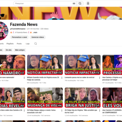 Canal Youtube de noticia focado em Virginia, Zé Felipe e Ana Castela Monetizado com 2500 inscritos