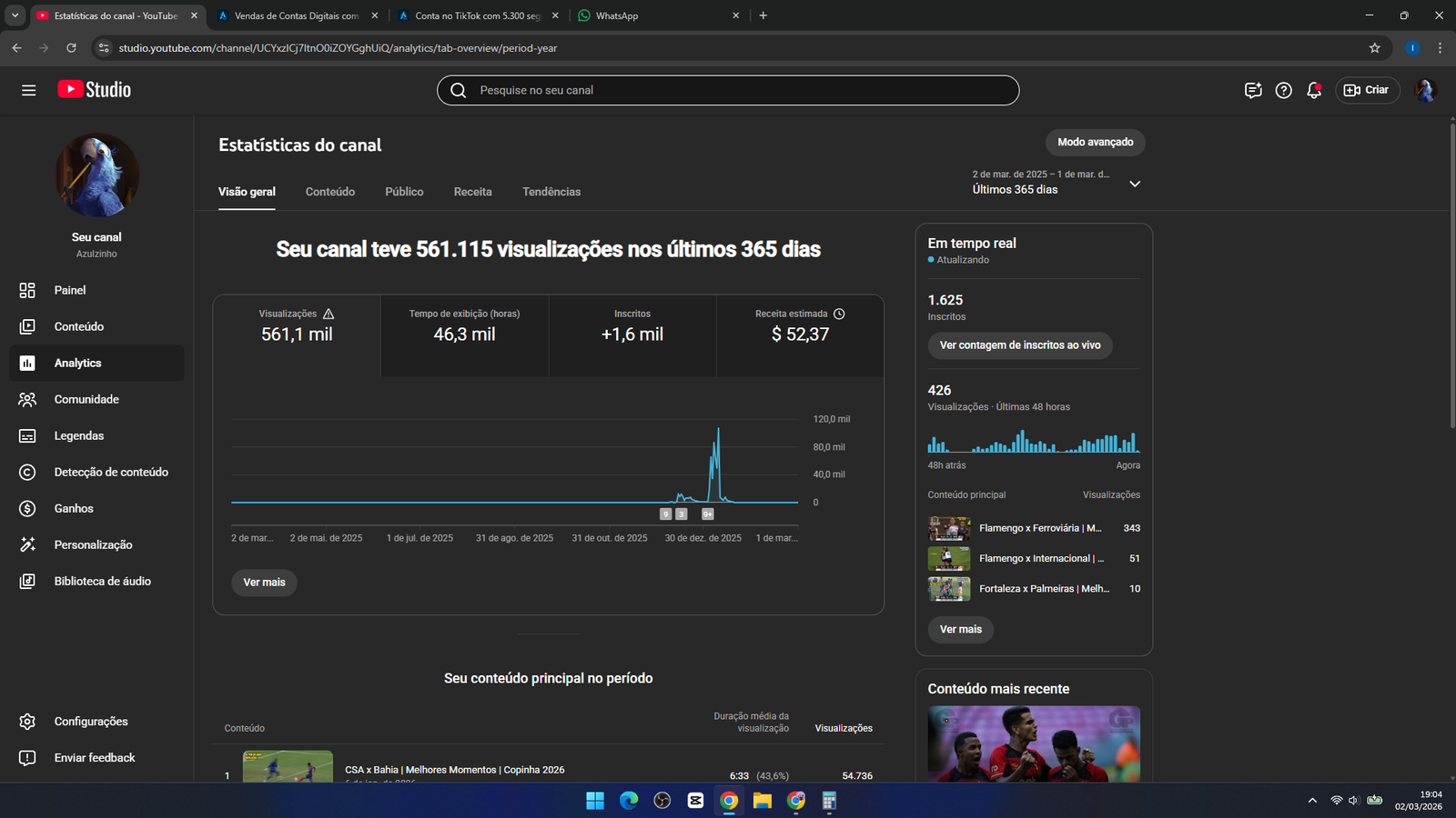 Captura de tela 2026-03-02 190436 CANAL YOUTUBE MONETIZADO | 1,62 MIL INSCRITOS |+561 MIL VIEWS | 37 VIDEOS | NICHO FUTEBOL | ESCALÁVEL - Imagem 1