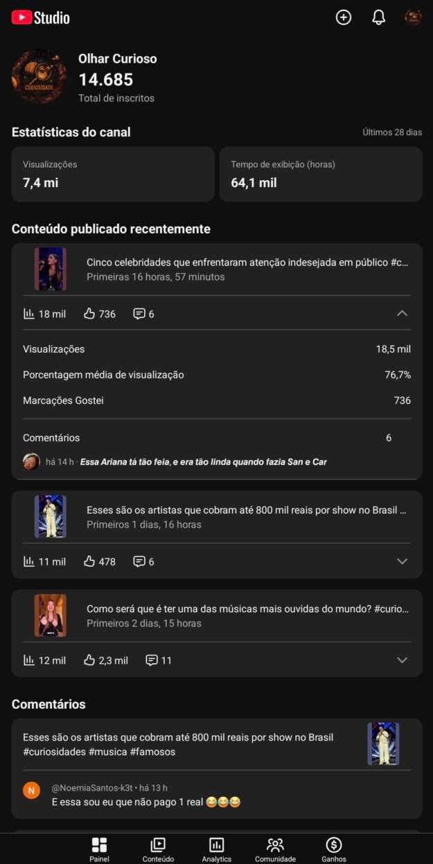 cropped-Screenshot_20260326_111511_YT-Studio.jpg Canal YouTube Monetizado – 14,6K Inscritos | 7,4 Milhões de Views em 28 Dias | Nicho Curiosidades - Imagem 1