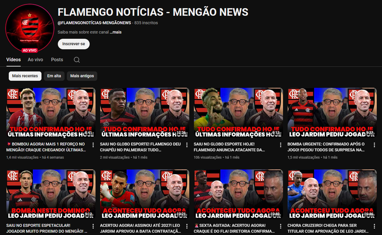 Captura de tela 2026-04-14 160102 CANAL YOU MONET | 835 SUBS👥|+203K VIEWS👀| NICHO FUTEBOL – FLAMENGO 🔴⚫ | OPORTUNIDADE VIRAL E ESCALÁVEL 🚀 - Imagem 1