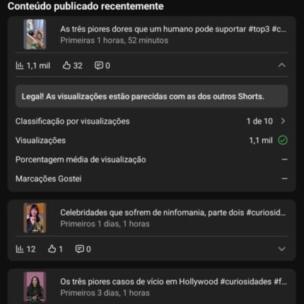 Canal YouTube Shorts Nicho Curiosidades – 630+ inscritos, 314 mil views (crescendo)