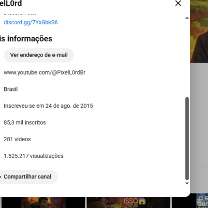 Canal youtube com 85k seguidores 1.5Milhao de views