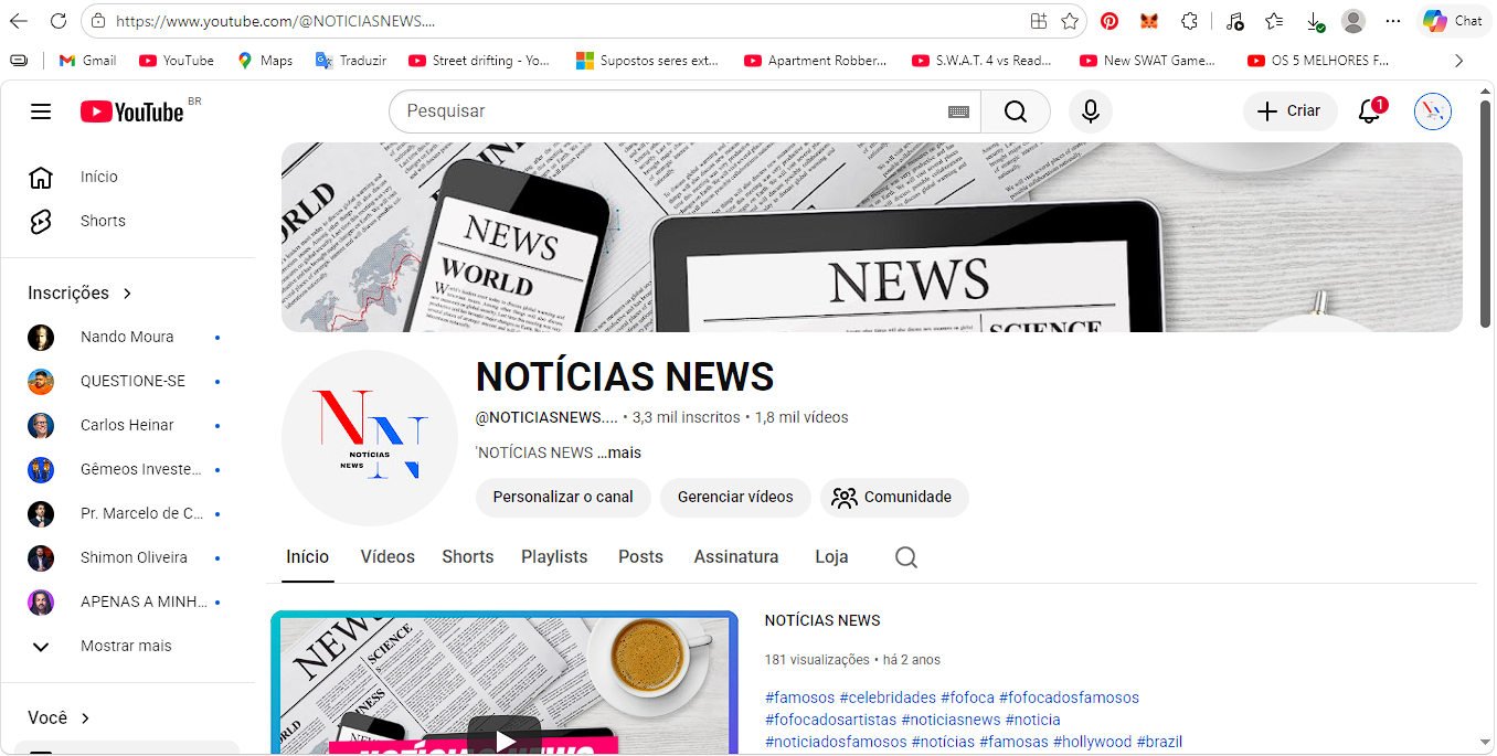 1 CANAL DE ENTRETENIMENTO, NOTÍCIA DOS FAMOSOS "NOTÍCIAS NEWS" com mais de 10 Mil Inscritos - Imagem 1
