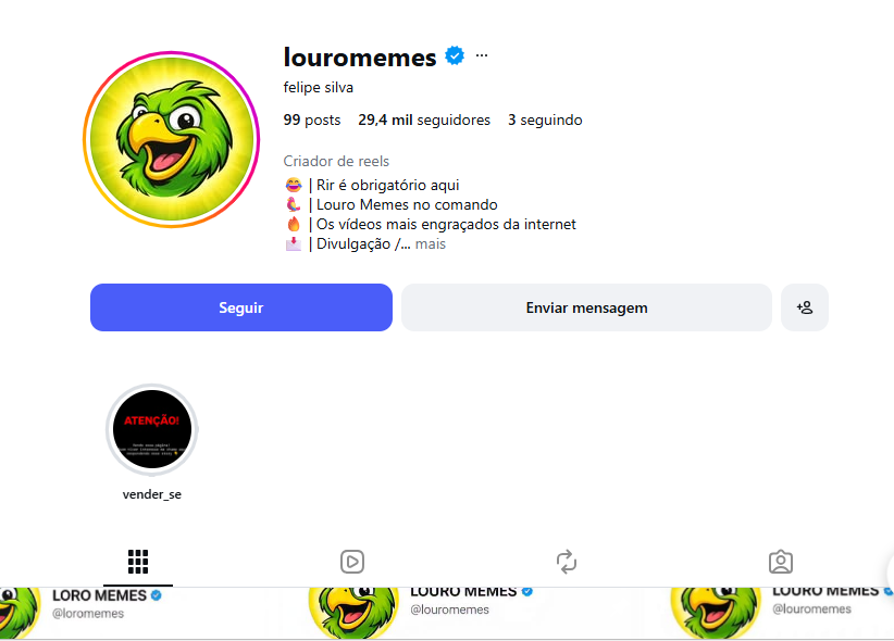 Captura de tela 2026-05-21 141221 Conta Instagram Louromemes com 29 mil seguidores - Imagem 1