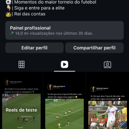 Insta de Milhões, @elitedacopa com 159k membros orgânicos com apenas 15 postagens batendo 14 milhões alcance, stories medio 30 mil, valor promocional de