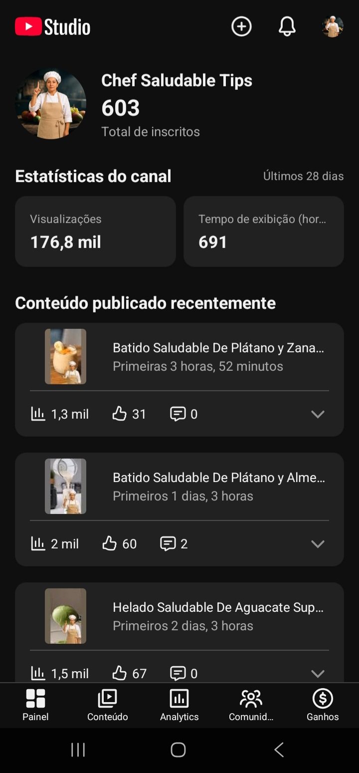 Screenshot_20260531_215703_YT Studio Canal Dark De Shorts No Nicho De Receitas Fits No Idioma Espanhol Com 600 Inscritos e Crescendo Diariamente - Imagem 1