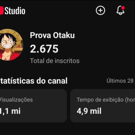 Canal YouTube Otaku Monetizável |2.675 + Inscritos | +1,1 milhão Views em 28 dias | Alcance gigante