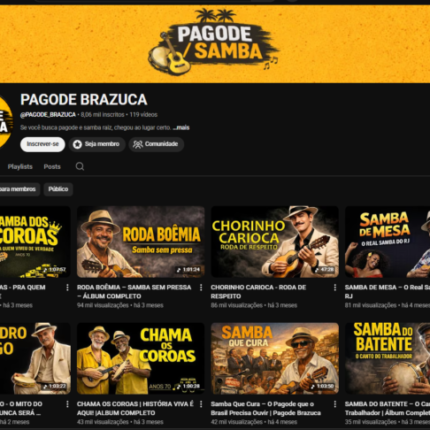 CANAL DE SAMBA COM PUBLICO FIEL E RECORRENTE. 8K INSCRITOS E AUMENTANDO. R$ 2K/MÊS DE RECEITA ADSENSE.