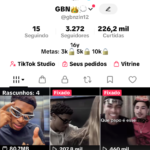 Conta tiktok,3,3 mil seguidores, vídeos com 400 mil views 200 mil e até 1M e 200 mil