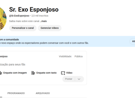 Canal do youtube +de 2.490 INSCRITOS