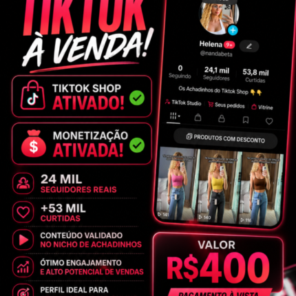 🔥 PERFIL TIKTOK À VENDA 24k DE SEGUIRORES REAIS🔥 Conta pronta para monetizar e faturar no TikTok Shop! 📌 Nicho: Achadinhos / Produtos virais 📌 24 MIL seguidores reais 📌 +880 MIL visualizações 📌 +60 MIL curtidas 📌 +3.200 compartilhamentos 📌 Público altamente engajado 📌 TikTok Shop ATIVADO ✅