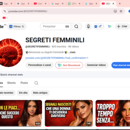 Vendo canal italiano de relacionamentos Monetizado com as horas batidas faltando sò completar os  mil inscritos ,hoje esta com 827 inscritos oportunidade 