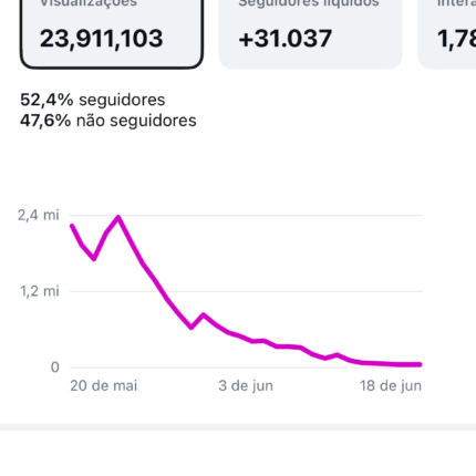 Instagram 23 Milhões de Alcances orgânicos 1.1 Milhão de membros, stories medio 100k 200k, zero restrição de
