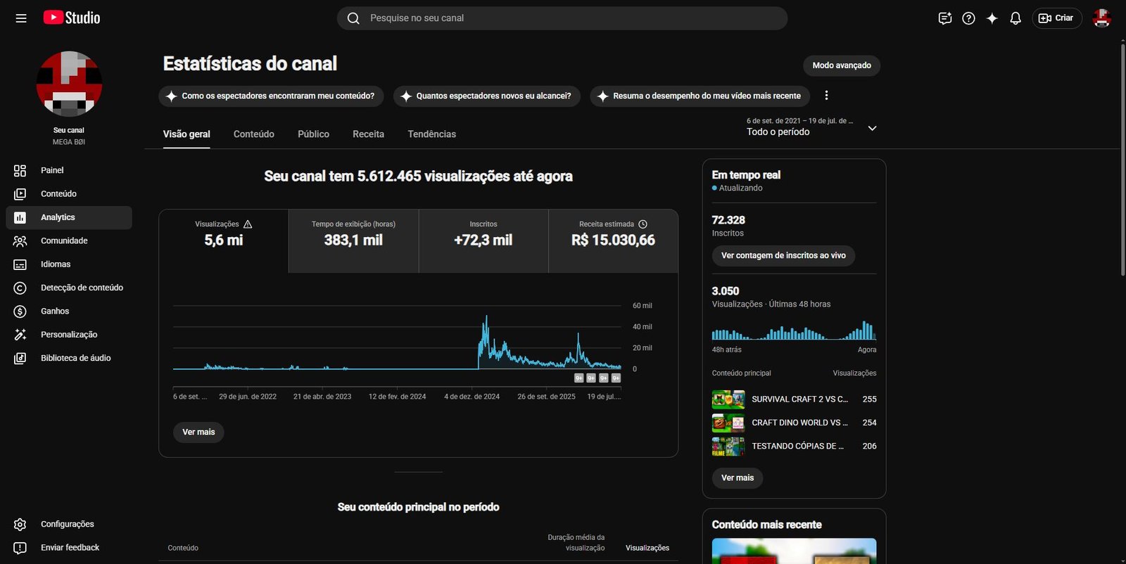 2 CANAL MONETIZADO | 72k INSCRITOS | +5,6 MILHÕES DE VIEWS | NICHO GAMES – MINECRAFT | SEM RESTRIÇÕES - Imagem 1