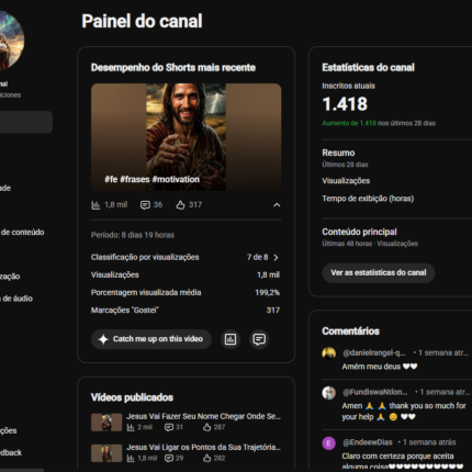 CANAL YOUTUBE DISPONÍVEL ️ Canal 1.403 Mil Inscritos 🚀🌱 | Crescimento 100% orgânico (esp) Engajamento 22k (28d)