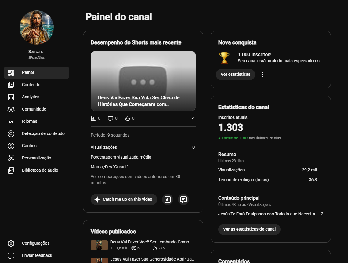 Capturar CANAL YOUTUBE DISPONÍVEL ️ Canal 1.303 Mil Inscritos 🚀🌱 | Crescimento 100% orgânico (ESP) Engajamento 29K Views(28D) 🔥 - Imagem 1