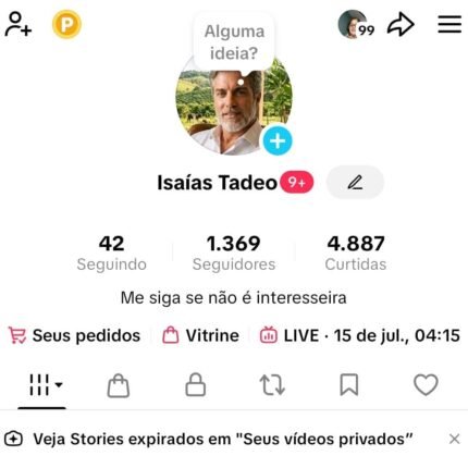 Conta TiktokShop e Live ativos, 1.369 seguidores.