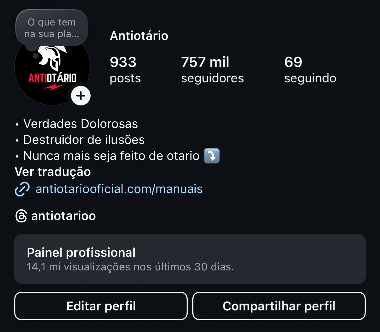 Screenshot Página Instagram com 14.1 milhões de alcance, 757 mil seguidores, Receita média R$ 9.000/mês, Público altamente engajado compra muito conteúdo pago. - Imagem 1