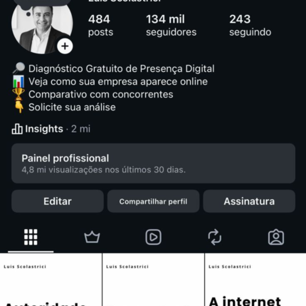 Perfil no Instagram 134 Mil Seguidores, nicho de negócios e vendas, que já gerou um faturamento de 6 milhões em 3 anos.