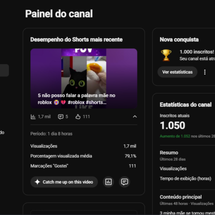 Canal Top de Games Roblox em crescimento com 1050 inscritos