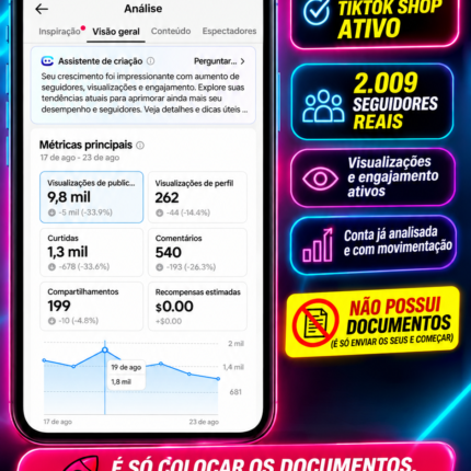 TIKTOK PERFIL PARA FAZER TIKTOK SHOP ATIV0 . 2009 Seguidores (não coloquei meus documentos e o perfil não tem nenhuma restrição