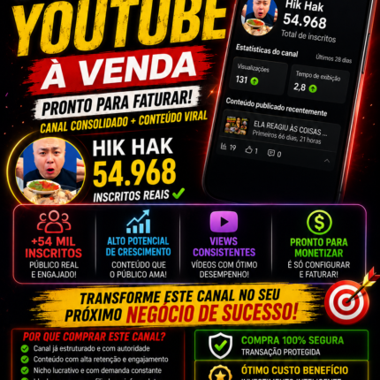 Canal YouTube quase 54k inscritos Promoção Relâmpago