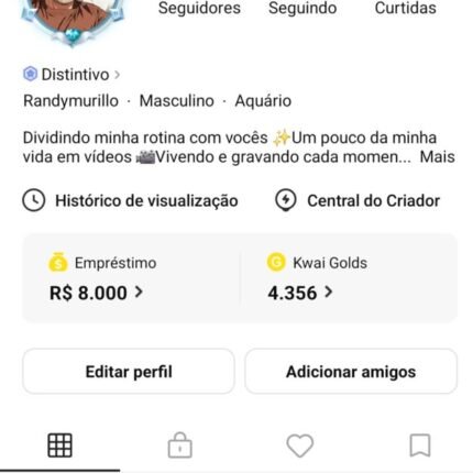 Conta de kwai 3K Seguidores com comércio de criador activo ainda tá com 30 rales para tirar