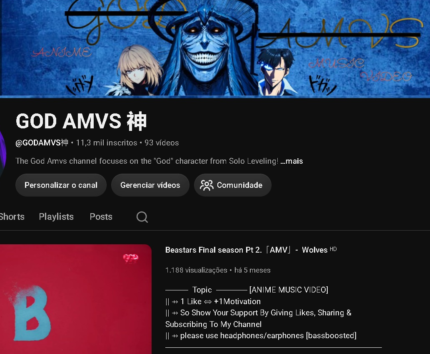 Canal Youtube - 11,3k Inscritos - Náo Monetizado - Nicho: Animes