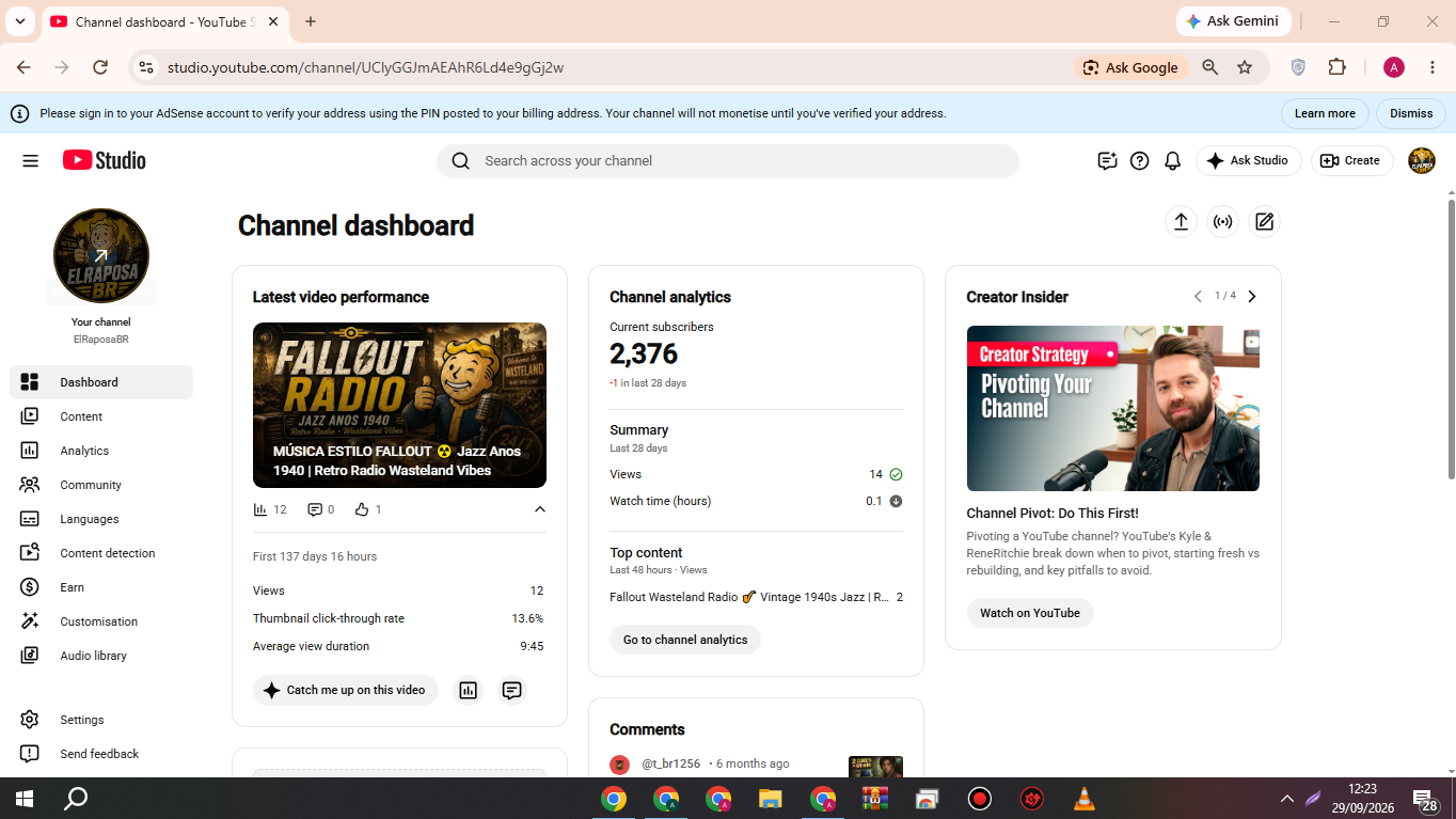 1 Canal YouTube com 2.376 Inscritos + 167 Mil Views + 4,6 Mil Horas - Imagem 1