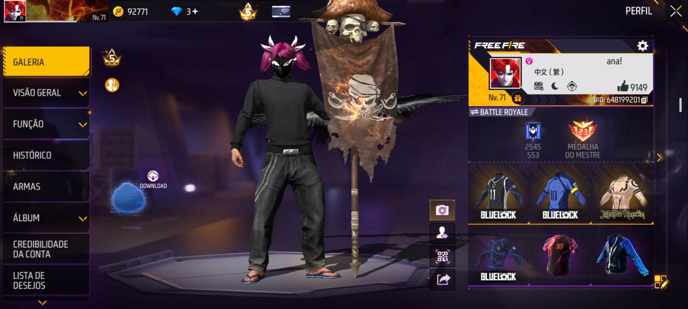 Screenshot_20260929_201406_Free Fire CONTA LVL 71 + 9149 LIKES + BLUELOCK + JUJUTSU + MESTRE ANTIGO - Imagem 1