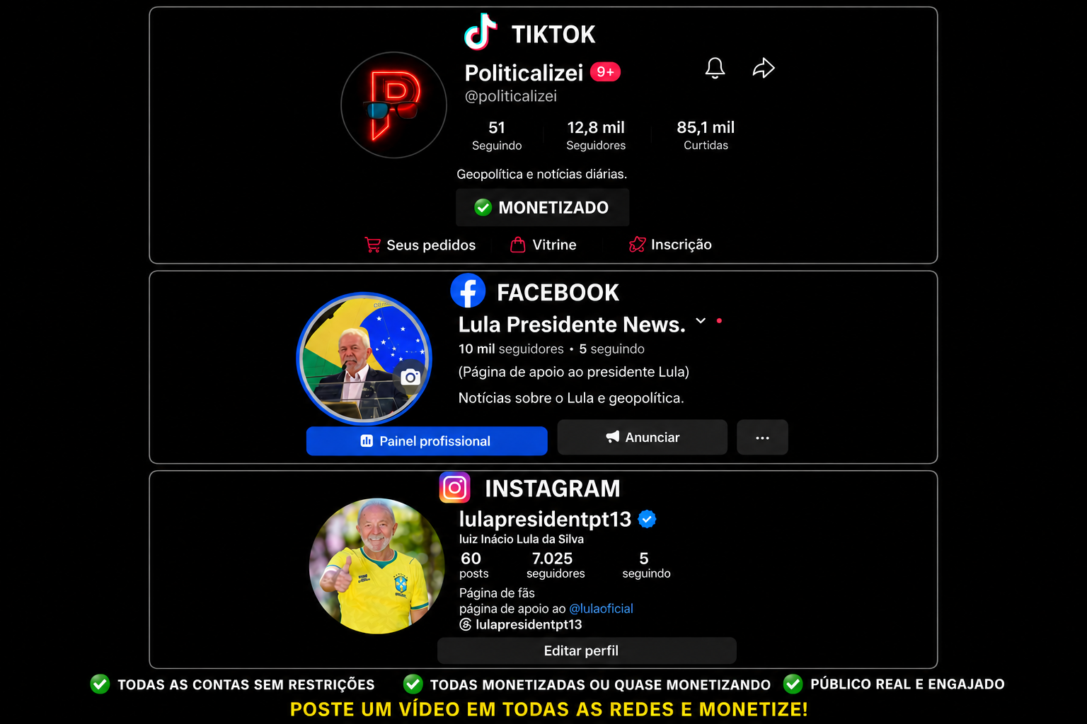 conta politica Combo 3 Contas, Nicho Politica, Instagram, Facebook e Tiktok - Imagem 1